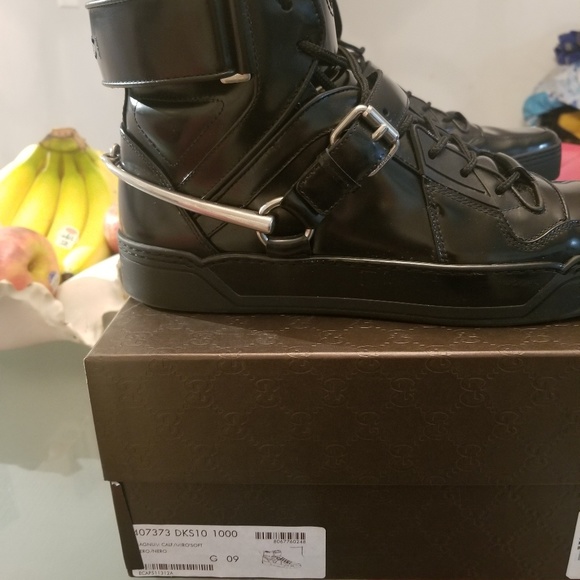 GUCCI SNEAKERS BLK LEATHER HIGH TOP BOOTS us/sz 10